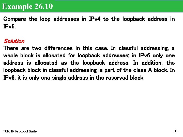 Example 26. 10 Compare the loop addresses in IPv 4 to the loopback address