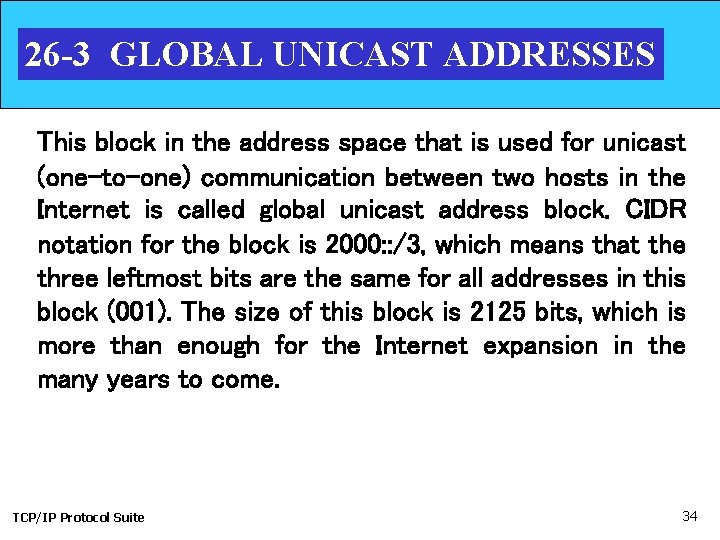 26 -3 GLOBAL UNICAST ADDRESSES This block in the address space that is used