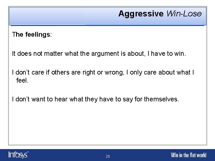 Aggressive Win-Lose The feelings: It does not matter what the argument is about, I