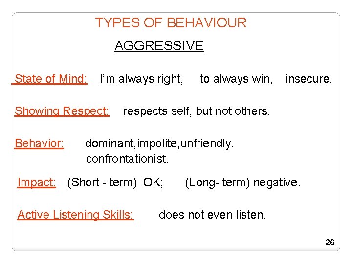 TYPES OF BEHAVIOUR AGGRESSIVE State of Mind: I’m always right, Showing Respect: Behavior: to