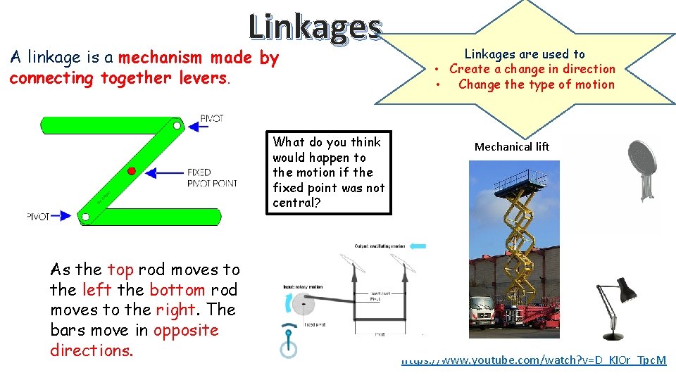 Linkages A linkage is a mechanism made by connecting together levers. What do you