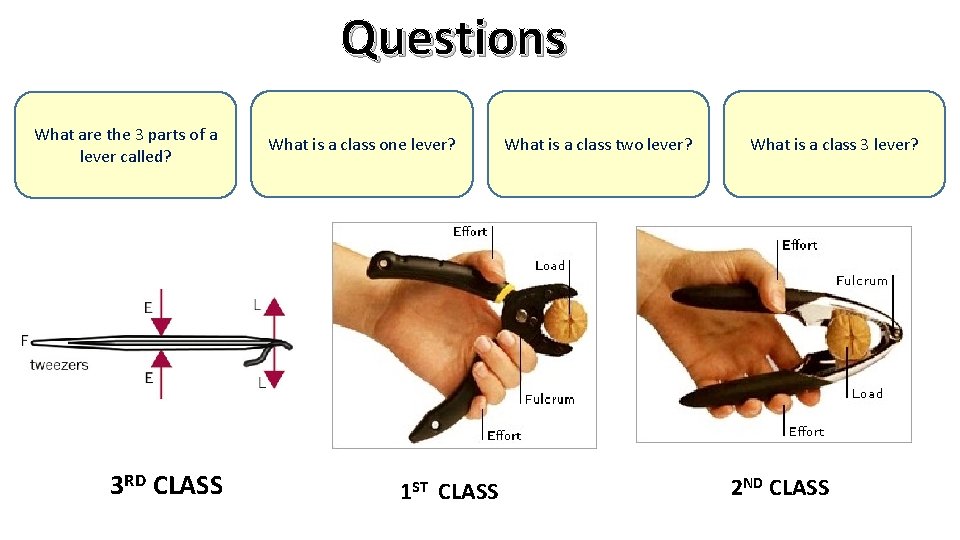 Questions What are the 3 parts of a lever called? 3 RD CLASS What