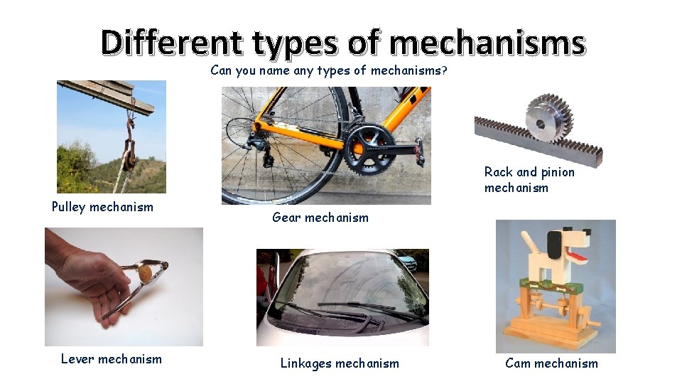 Different types of mechanisms Can you name any types of mechanisms? Rack and pinion