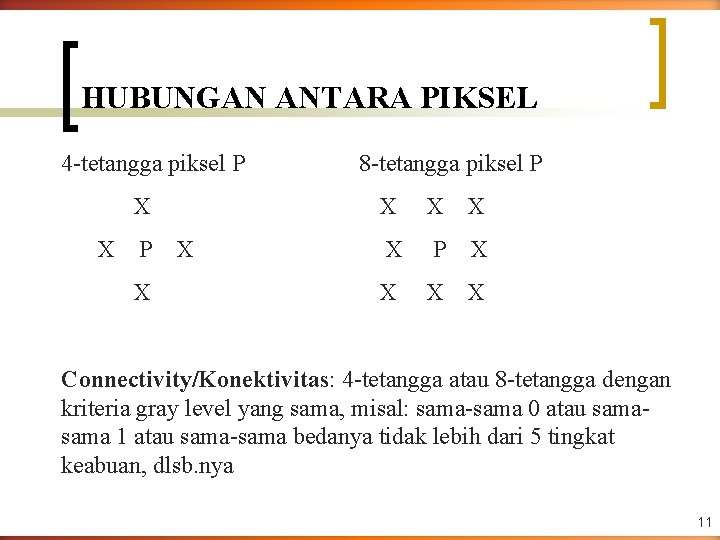 HUBUNGAN ANTARA PIKSEL 4 -tetangga piksel P X X 8 -tetangga piksel P X