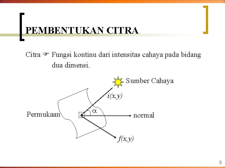 PEMBENTUKAN CITRA Citra Fungsi kontinu dari intensitas cahaya pada bidang dua dimensi. Sumber Cahaya