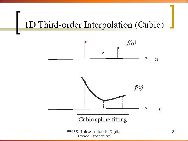 1 D Third-order Interpolation (Cubic) f(n) n f(x) x Cubic spline fitting EE 465: