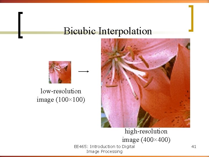 Bicubic Interpolation low-resolution image (100× 100) high-resolution image (400× 400) EE 465: Introduction to