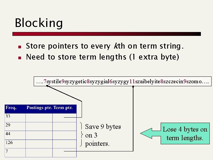 Blocking n n Store pointers to every kth on term string. Need to store