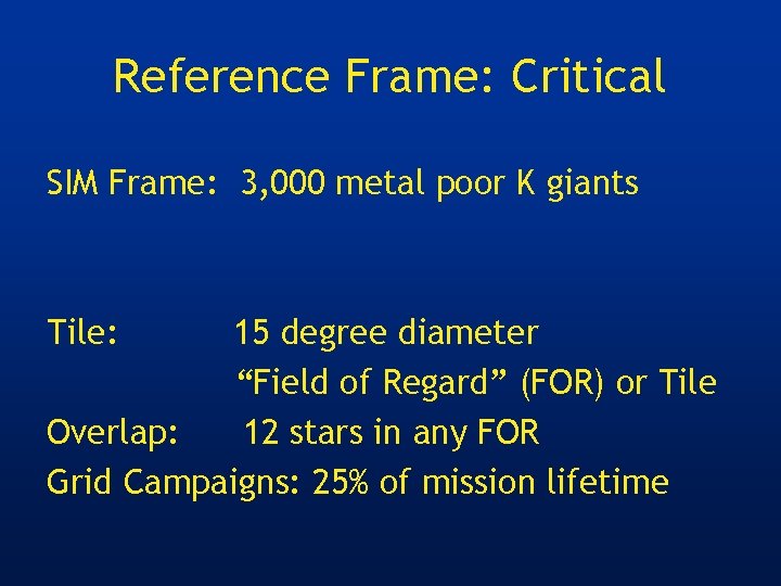 Reference Frame: Critical SIM Frame: 3, 000 metal poor K giants Tile: 15 degree