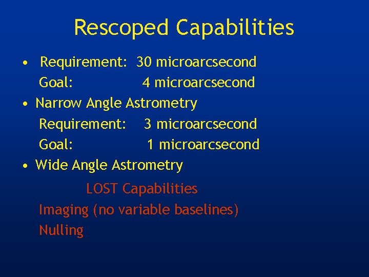 Rescoped Capabilities • Requirement: 30 microarcsecond Goal: 4 microarcsecond • Narrow Angle Astrometry Requirement: