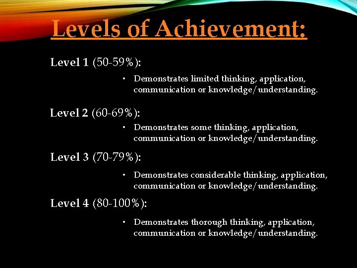 Levels of Achievement: Level 1 (50 -59%): • Demonstrates limited thinking, application, communication or