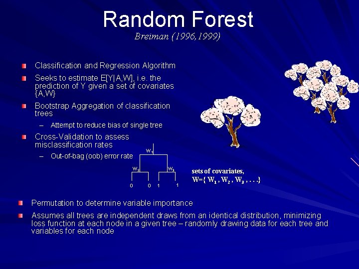 Random Forest Breiman (1996, 1999) Classification and Regression Algorithm Seeks to estimate E[Y|A, W],
