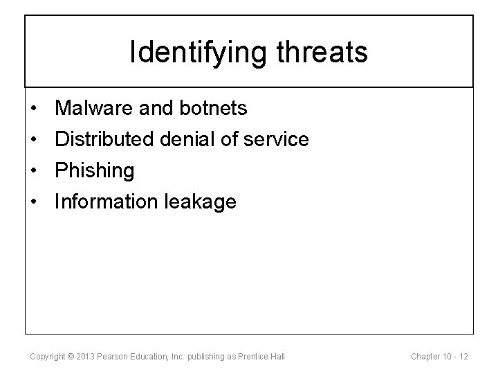 Identifying threats • • Malware and botnets Distributed denial of service Phishing Information leakage