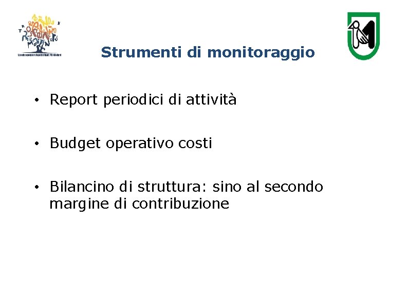 Strumenti di monitoraggio • Report periodici di attività • Budget operativo costi • Bilancino