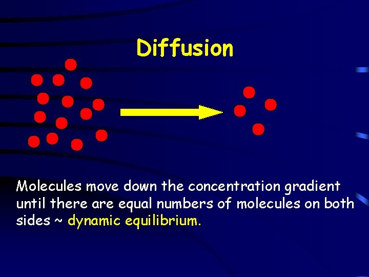 Diffusion Molecules move down the concentration gradient until there are equal numbers of molecules