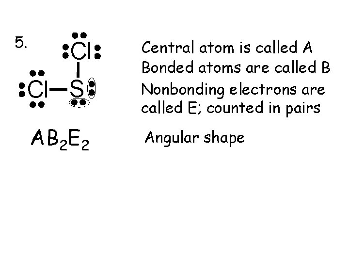 5. Cl Cl S AB 2 E 2 Central atom is called A Bonded