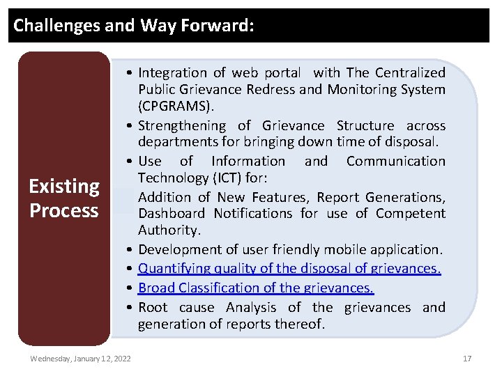 Challenges and Way Forward: Existing Process • Integration of web portal with The Centralized