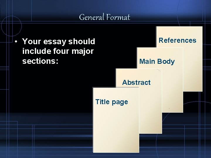General Format References • Your essay should include four major sections: Main Body Abstract