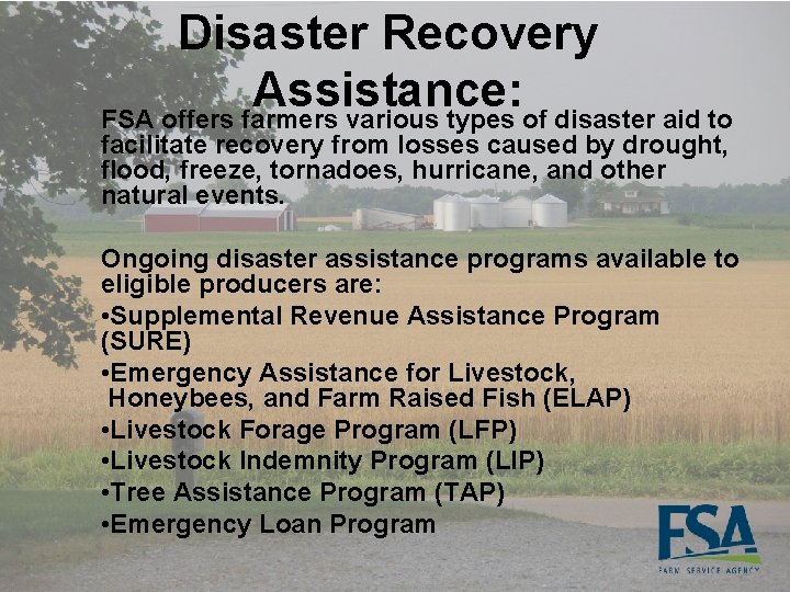 Disaster Recovery Assistance: FSA offers farmers various types of disaster aid to facilitate recovery