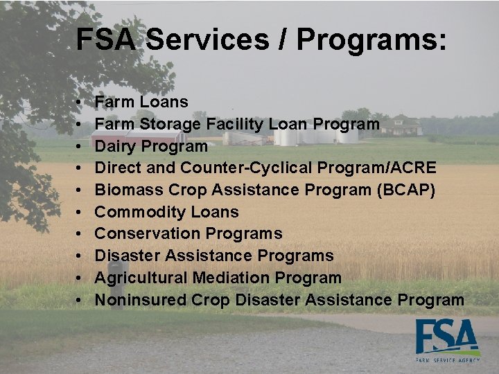 FSA Services / Programs: • • • Farm Loans Farm Storage Facility Loan Program