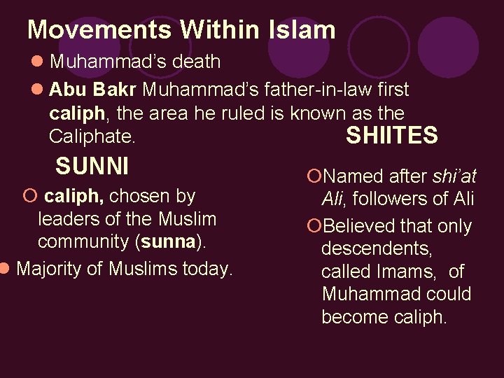 Movements Within Islam l Muhammad’s death l Abu Bakr Muhammad’s father-in-law first caliph, the