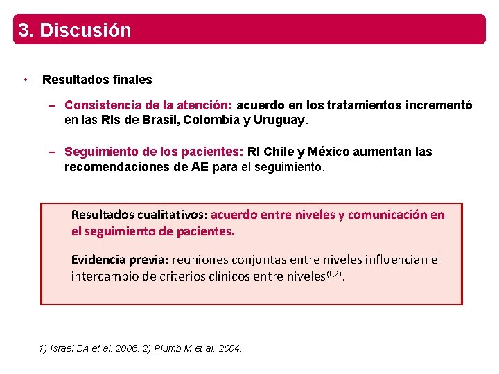 3. Discusión • Resultados finales – Consistencia de la atención: acuerdo en los tratamientos