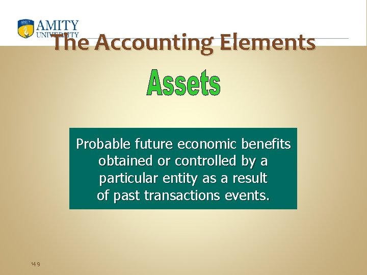 The Accounting Elements Probable future economic benefits obtained or controlled by a particular entity