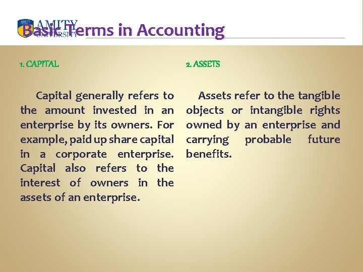 Basic Terms in Accounting 1. CAPITAL 2. ASSETS Capital generally refers to the amount