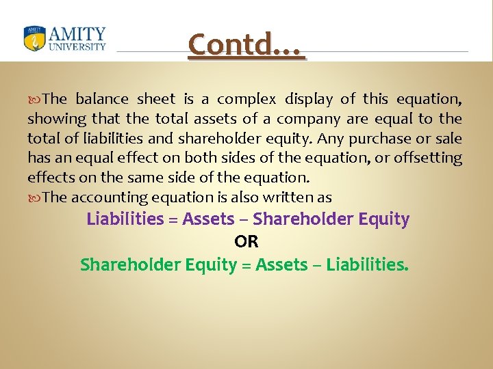 Contd… The balance sheet is a complex display of this equation, showing that the