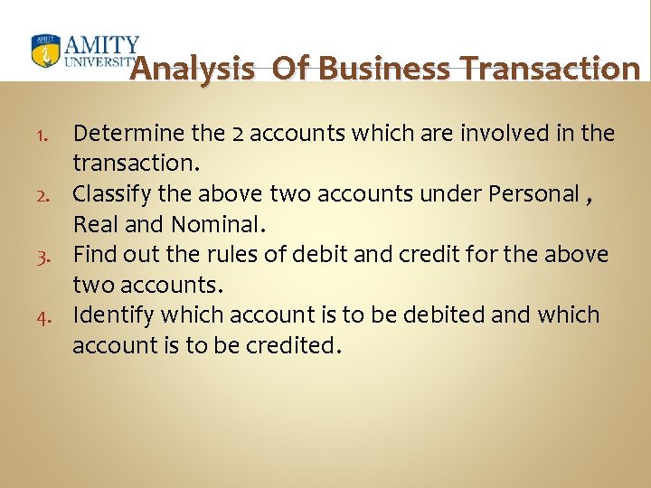 Analysis Of Business Transaction Determine the 2 accounts which are involved in the transaction.