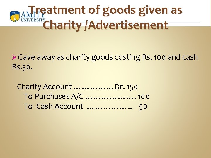 Treatment of goods given as Charity /Advertisement Ø Gave away as charity goods costing