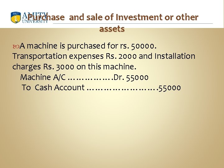 Purchase and sale of Investment or other assets A machine is purchased for rs.