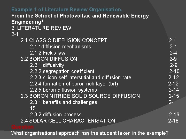 Example 1 of Literature Review Organisation. From the School of Photovoltaic and Renewable Energy