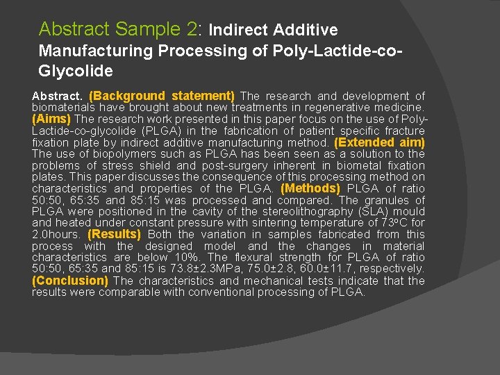 Abstract Sample 2: Indirect Additive Manufacturing Processing of Poly-Lactide-co. Glycolide Abstract. (Background statement) The