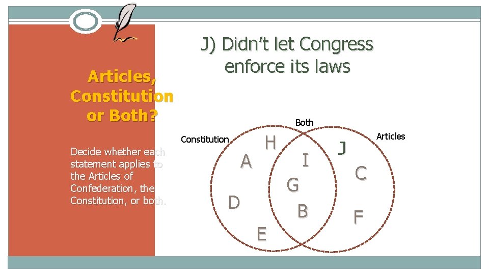 Articles, Constitution or Both? J) Didn’t let Congress enforce its laws Both Constitution Decide