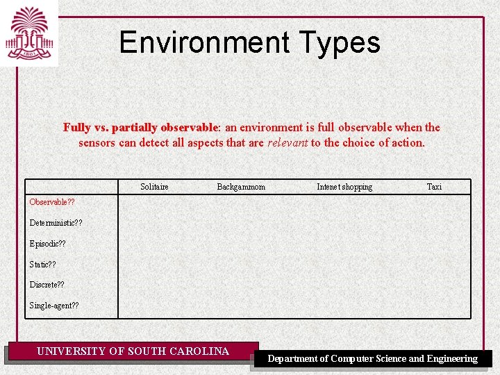 Environment Types Fully vs. partially observable: an environment is full observable when the sensors