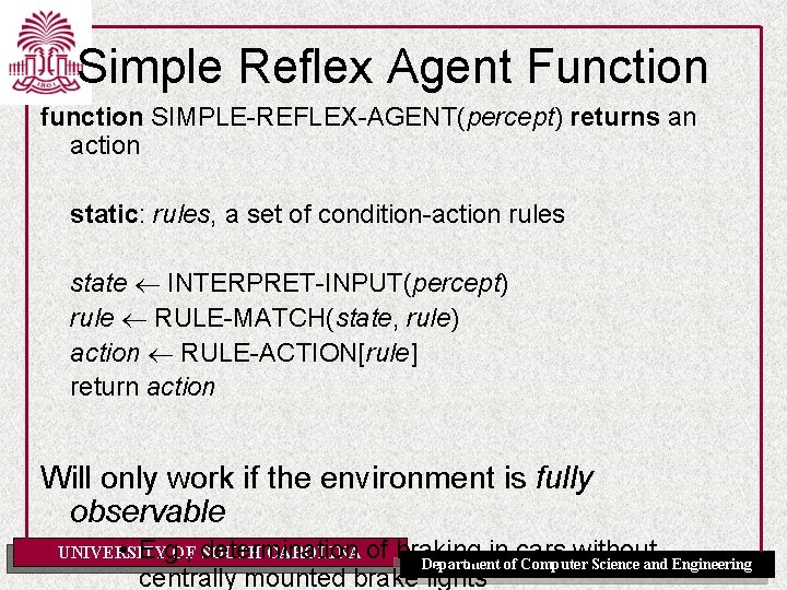 Simple Reflex Agent Function function SIMPLE-REFLEX-AGENT(percept) returns an action static: rules, a set of