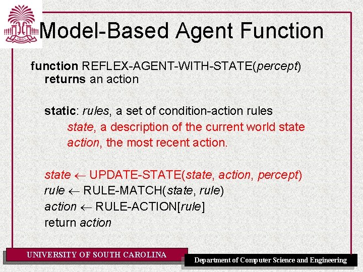Model-Based Agent Function function REFLEX-AGENT-WITH-STATE(percept) returns an action static: rules, a set of condition-action