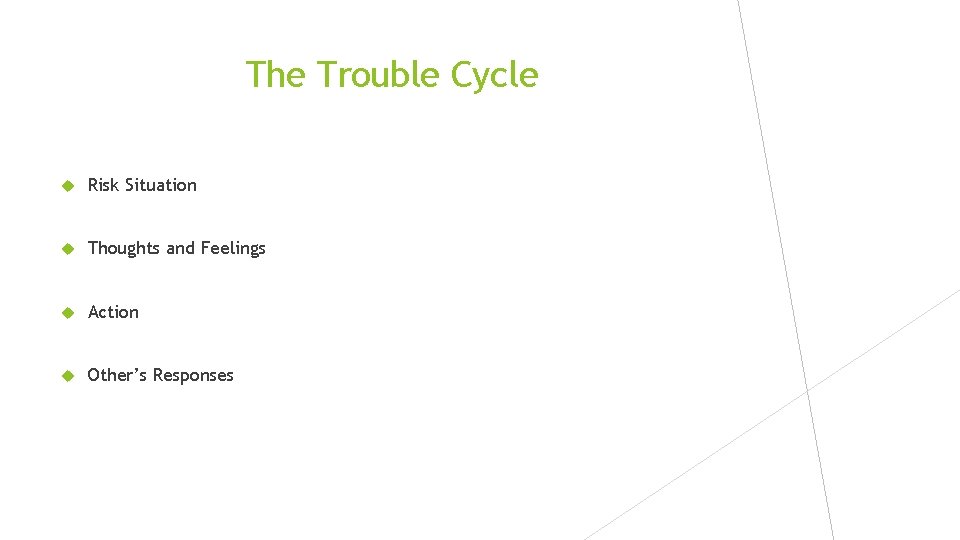 The Trouble Cycle Risk Situation Thoughts and Feelings Action Other’s Responses 