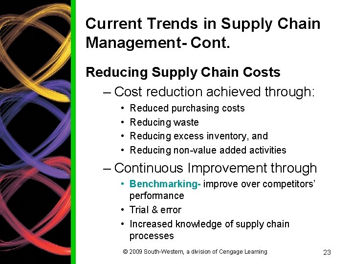 Current Trends in Supply Chain Management- Cont. Reducing Supply Chain Costs – Cost reduction
