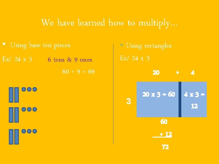 We have learned how to multiply… • Using base ten pieces Ex/ 24 x