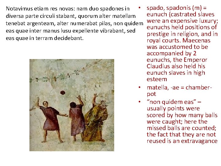 spado, spadonis (m) = eunuch (castrated slaves were an expensive luxury; eunuchs held positions
