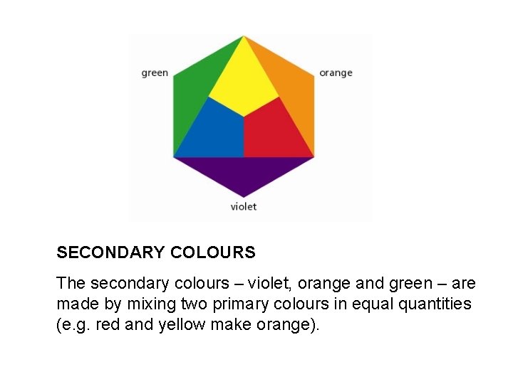 SECONDARY COLOURS The secondary colours – violet, orange and green – are made by