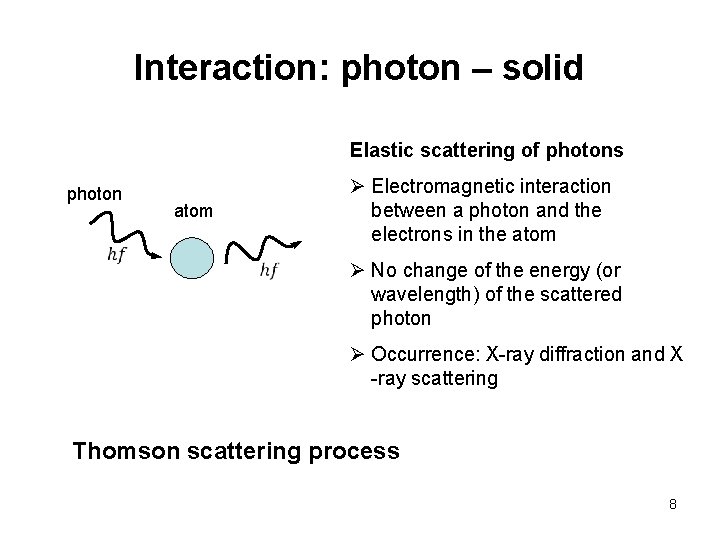 Interaction: photon – solid Elastic scattering of photons photon atom Ø Electromagnetic interaction between