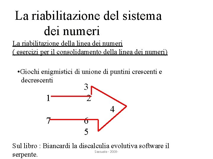 La riabilitazione del sistema dei numeri La riabilitazione della linea dei numeri ( esercizi