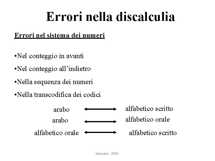 Errori nella discalculia Errori nel sistema dei numeri • Nel conteggio in avanti •