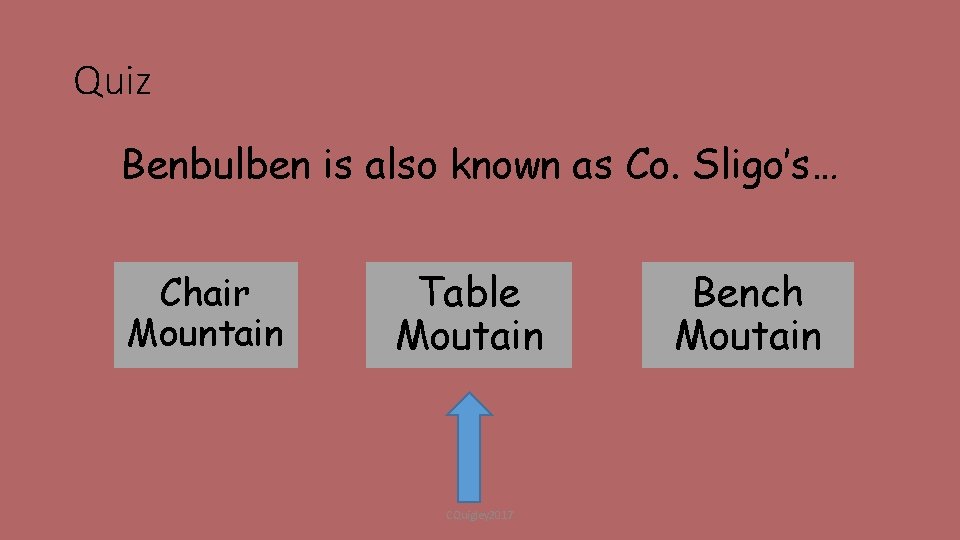Quiz Benbulben is also known as Co. Sligo’s… Chair Mountain Table Moutain CQuigley 2017