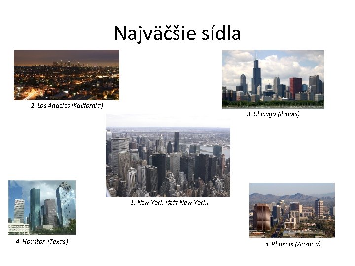 Najväčšie sídla 2. Los Angeles (Kalifornia) 3. Chicago (Illinois) 1. New York (štát New