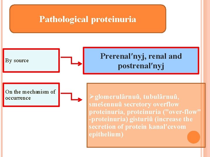 Pathological proteinuria By source On the mechanism of occurrence Prerenal′nyj, renal and postrenal′nyj Øglomerulârnuû,