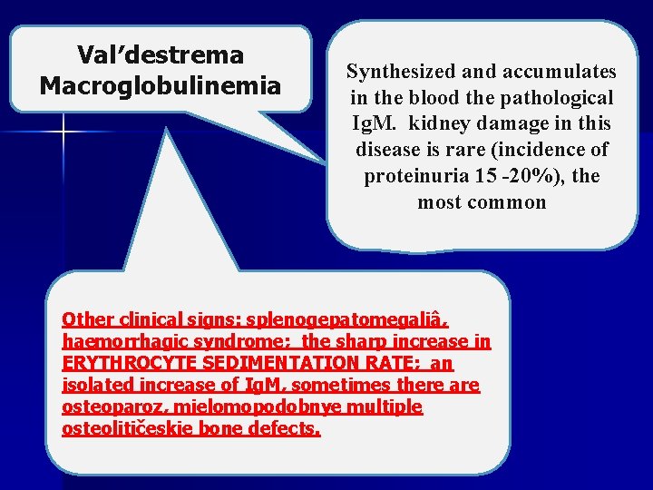 Val′destrema Macroglobulinemia Synthesized and accumulates in the blood the pathological Ig. M. kidney damage
